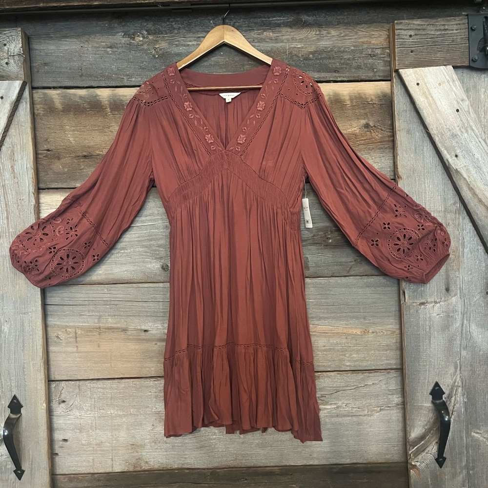 Lucky Brand Red Bishop Sleeve V-Neck Dress
